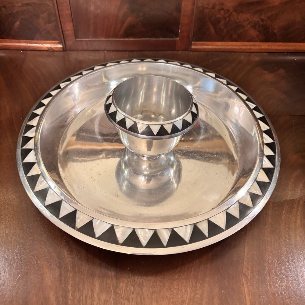 Towle Silver Metal Chip & Dip Platter Tray 13" Mother of Pearl Inlay Serving Set